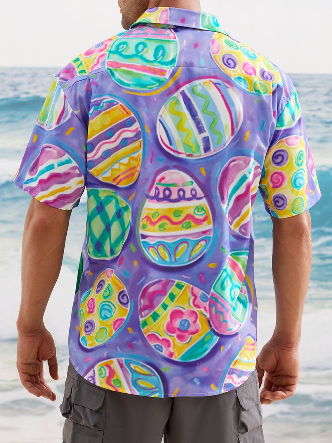 Dinosaur Easter Egg Chest Pocket Short Sleeve Shirt