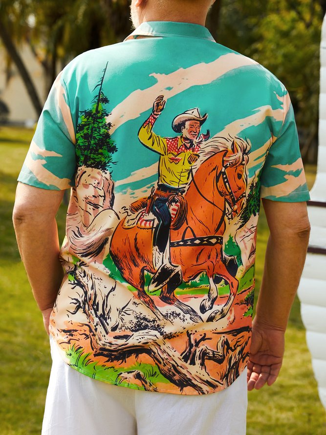 Big Size Western Cowboy Chest Pocket Short Sleeve Casual Shirt