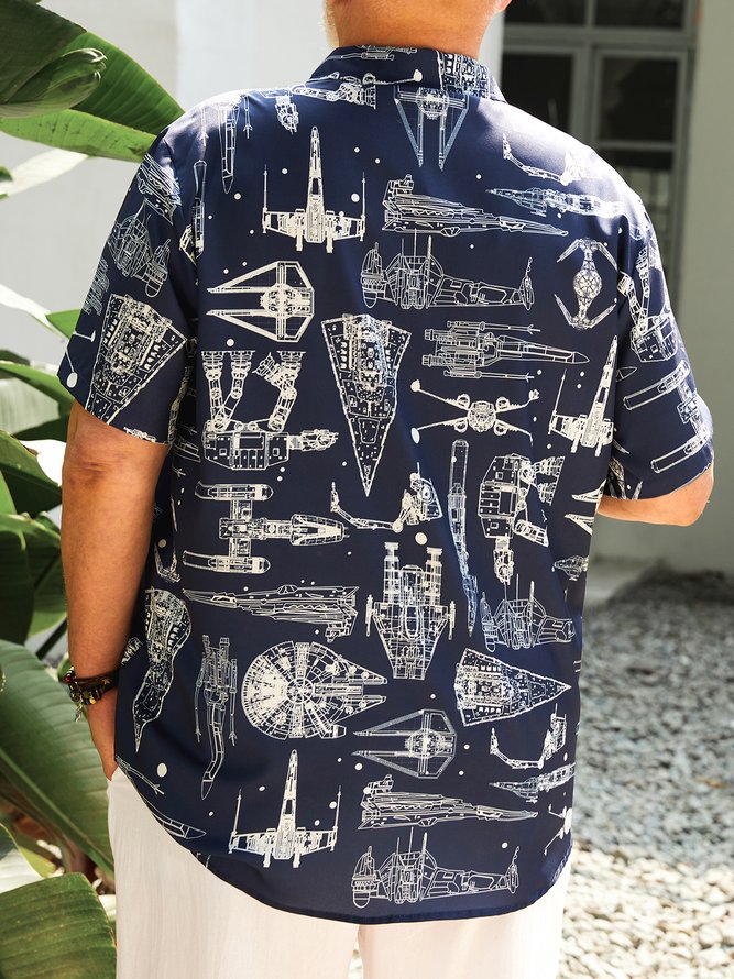 Big Size Universe Space Shuttle Chest Pocket Short Sleeve Casual Shirt