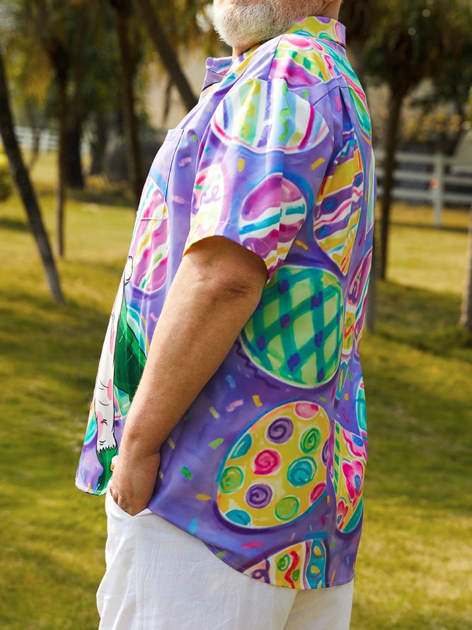 Big Size Dinosaur Easter Egg Chest Pocket Short Sleeve Shirt