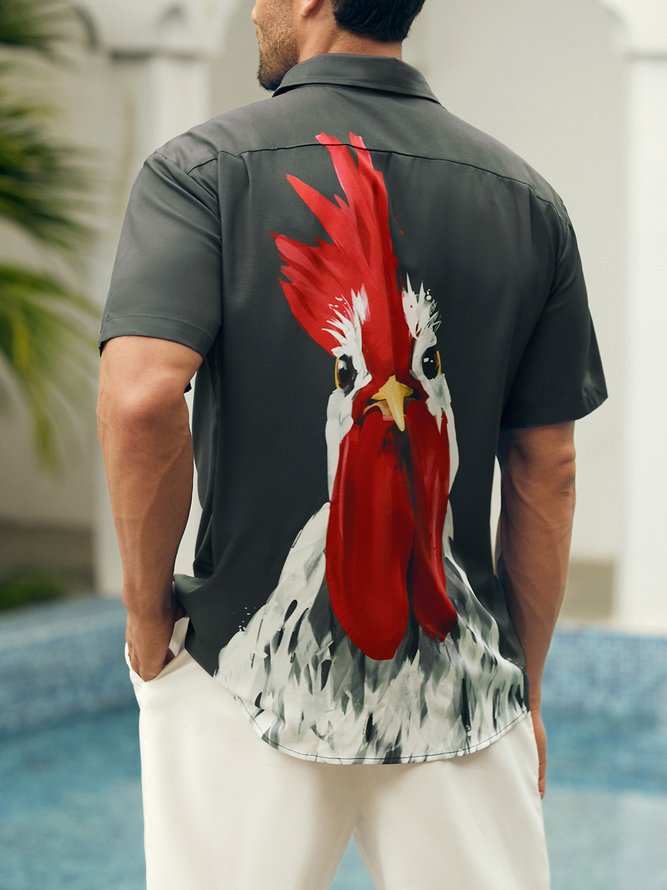 Rooster Chest Pocket Short Sleeve Casual Shirt