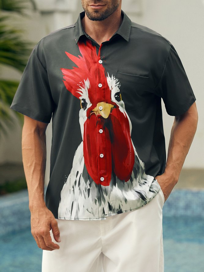 Rooster Chest Pocket Short Sleeve Casual Shirt