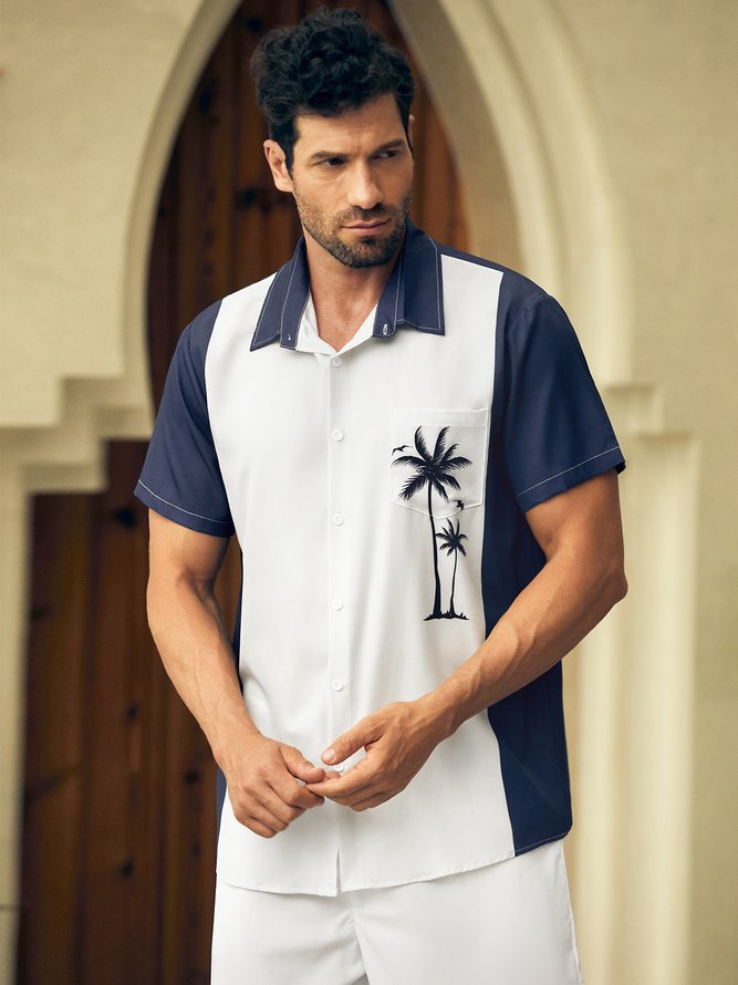Mens Billiard Shirt Coconut Tree Print Breathable Casual Hawaiian Shirt
