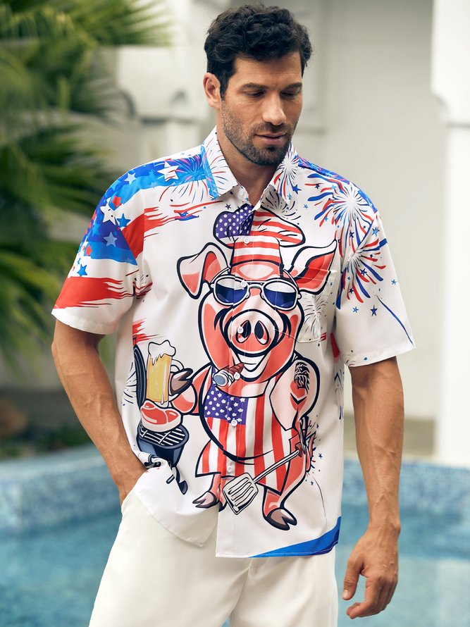 American Flag Mr Pig Cook Chest Pocket Short Sleeve Casual Shirt