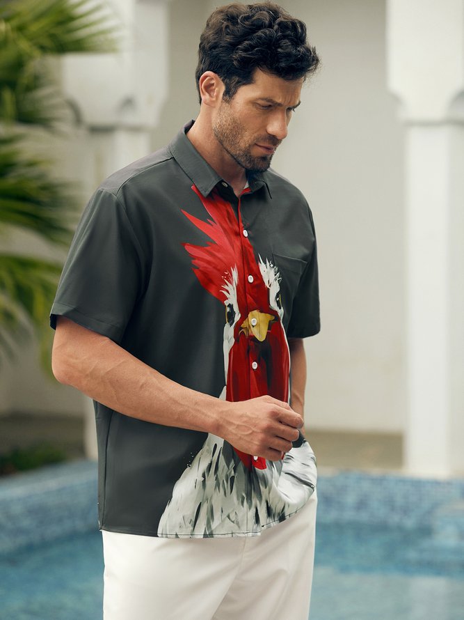 Rooster Chest Pocket Short Sleeve Casual Shirt