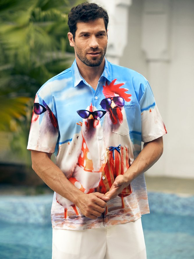 Rooster Chest Pocket Short Sleeve Casual Shirt