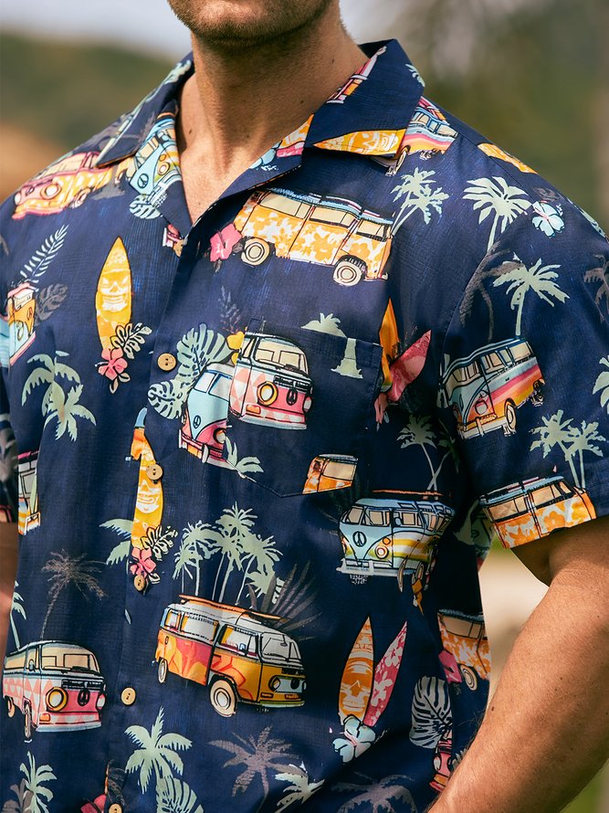 Hardaddy® Cotton Car Coconut Tree Chest Pocket Aloha Shirt