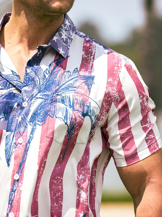 American Flag Coconut Tree Chest Pocket Short Sleeve Hawaiian Shirt