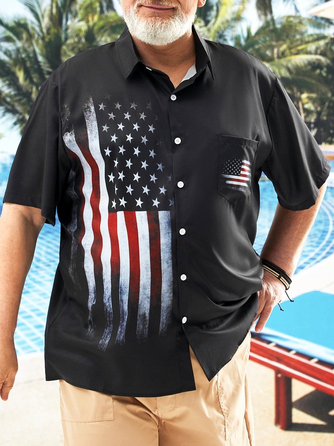 Big Size American Flag Chest Pocket Short Sleeve Shirt