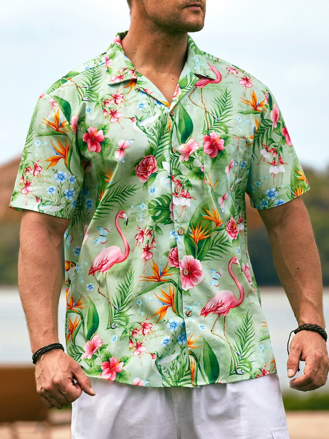Hardaddy®Cotton Tropical Flamingo Chest Pocket Resort Shirt