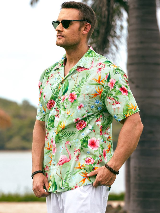 Hardaddy®Cotton Tropical Flamingo Chest Pocket Resort Shirt