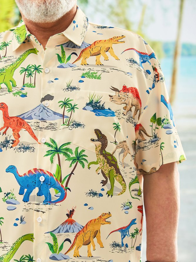 Big Size Dinosaur Chest Pocket Short Sleeve Hawaiian Shirt