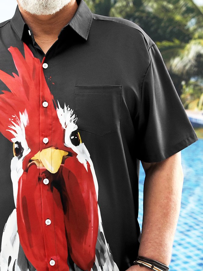 Big Size Rooster Chest Pocket Short Sleeve Shirt