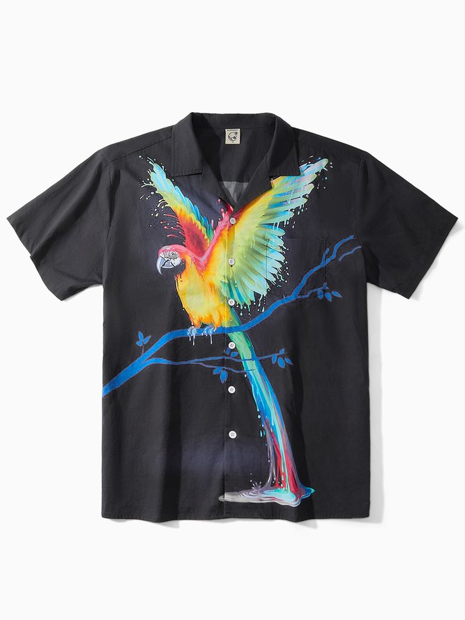 Hardaddy® Cotton Parrots Print Chest Pocket Short Sleeve Aloha Shirt