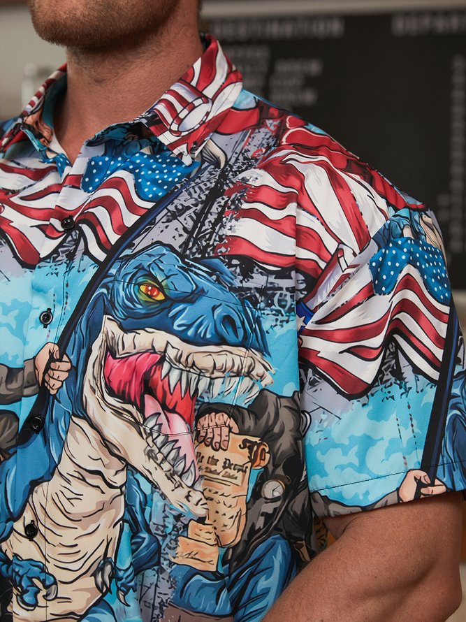 Flag Dinosaur Chest Pocket Short Sleeve Casual Shirt