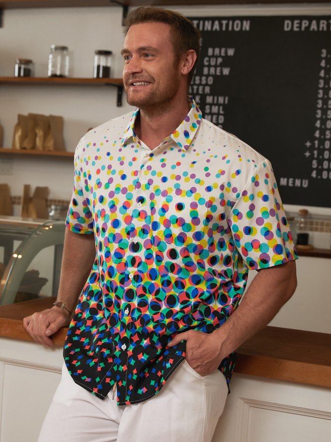 Gradient Color Polka Dots Chest Pocket Short Sleeve Casual Shirt