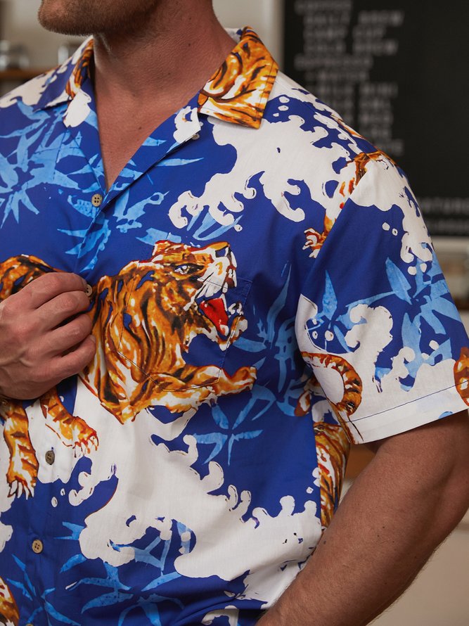 Hardaddy®Cotton Ukiyo-e Tiger Chest Pocket Aloha Shirt