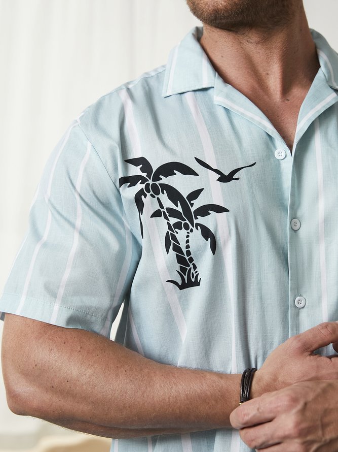 Hardaddy® Cotton Striped Coconut Tree Chest Pocket Resort Shirt