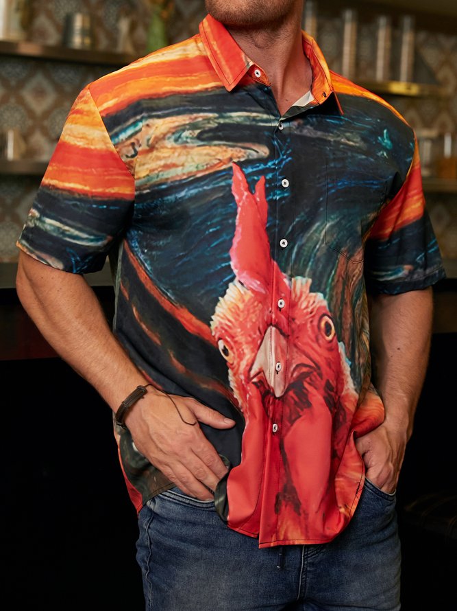 Fun Rooster Chest Pocket Short Sleeve Casual Shirt