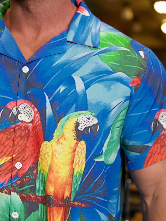 Mens Fancy Hawaiian Floral Parrots Print Casual Short Sleeve Aloha Shirt