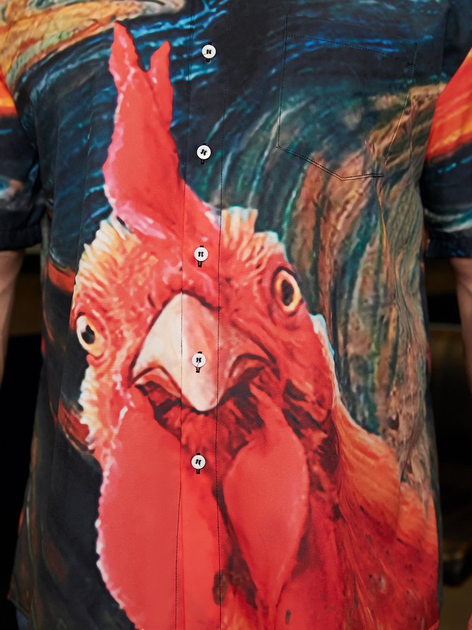 Fun Rooster Chest Pocket Short Sleeve Casual Shirt