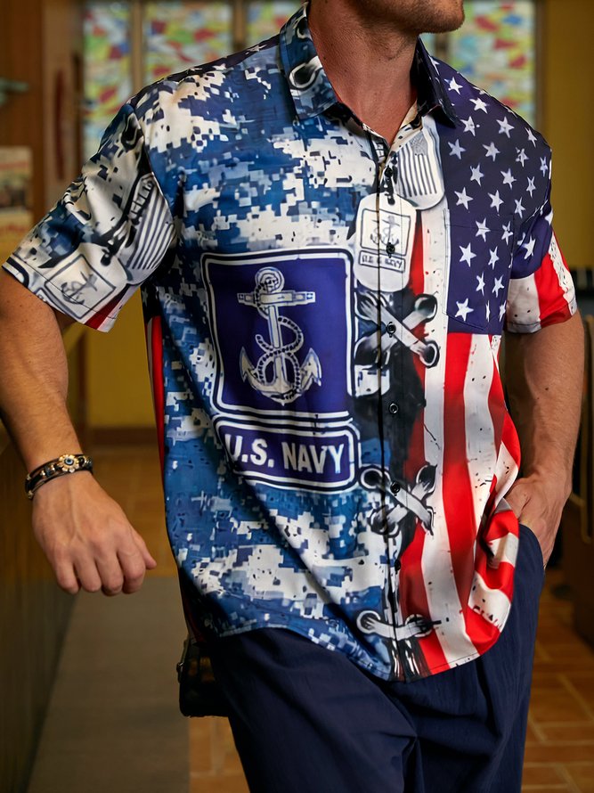 Veterans Navy Chest Pocket Short Sleeve Casual Shirt