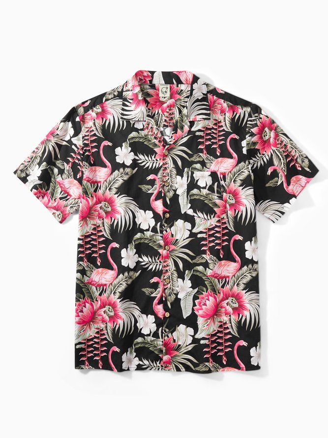 Hardaddy®Cotton Tropical Flamingo Print Short Sleeve Resort Shirt