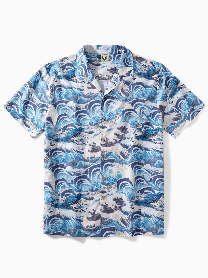 Hardaddy®Cotton Ukiyo-e Wave Chest Pocket Aloha Shirt