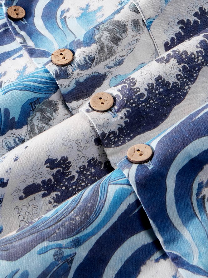 Hardaddy®Cotton Ukiyo-e Wave Chest Pocket Aloha Shirt
