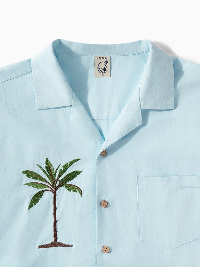 Hardaddy® Cotton Coconut Tree Embroidered Chest Pocket Aloha Shirt
