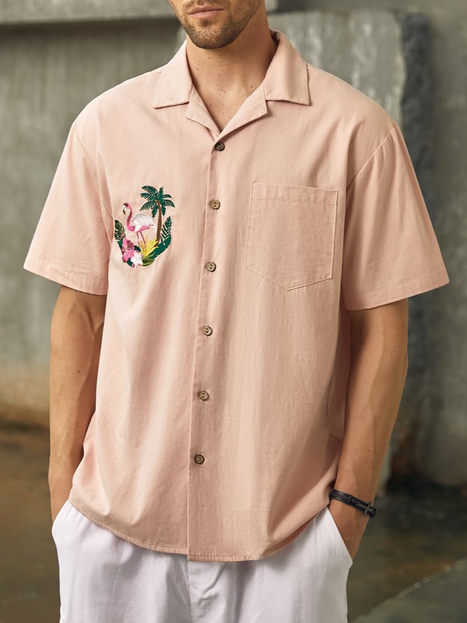 Hardaddy® Cotton Flamingo Embroidered Aloha Shirt