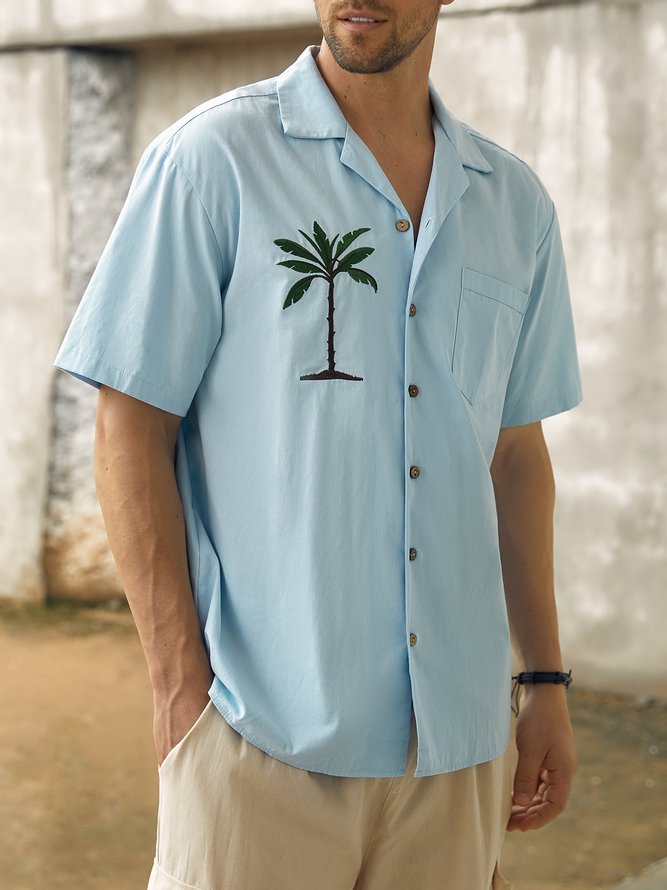 Hardaddy® Cotton Coconut Tree Embroidered Chest Pocket Aloha Shirt