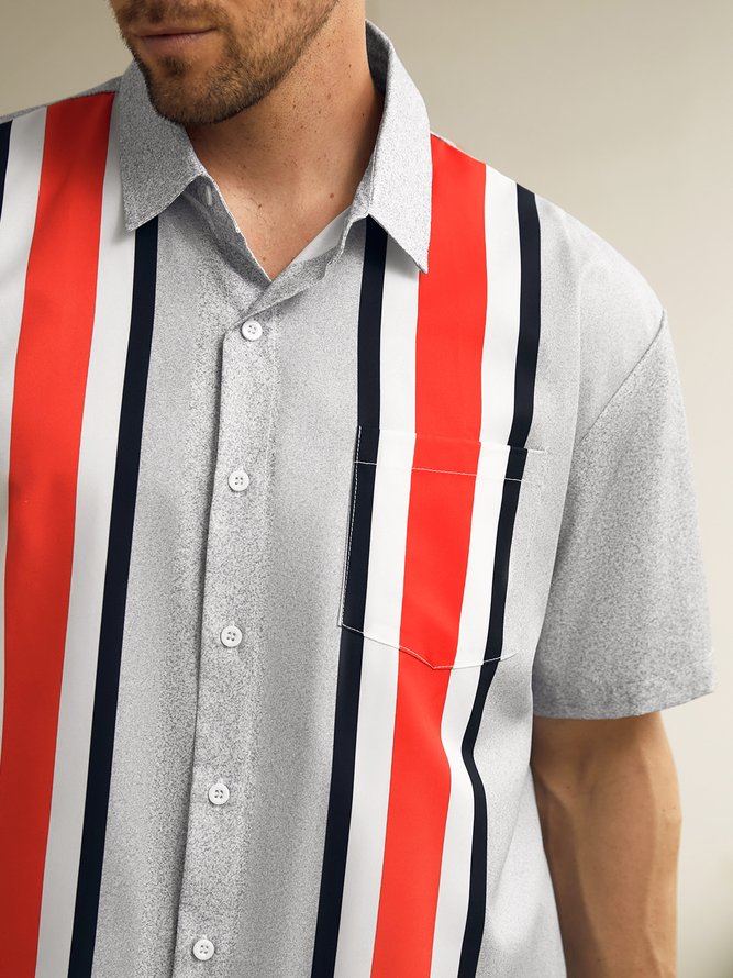 Striped Chest Pocket Short Sleeve Bowling Shirt hardaddy