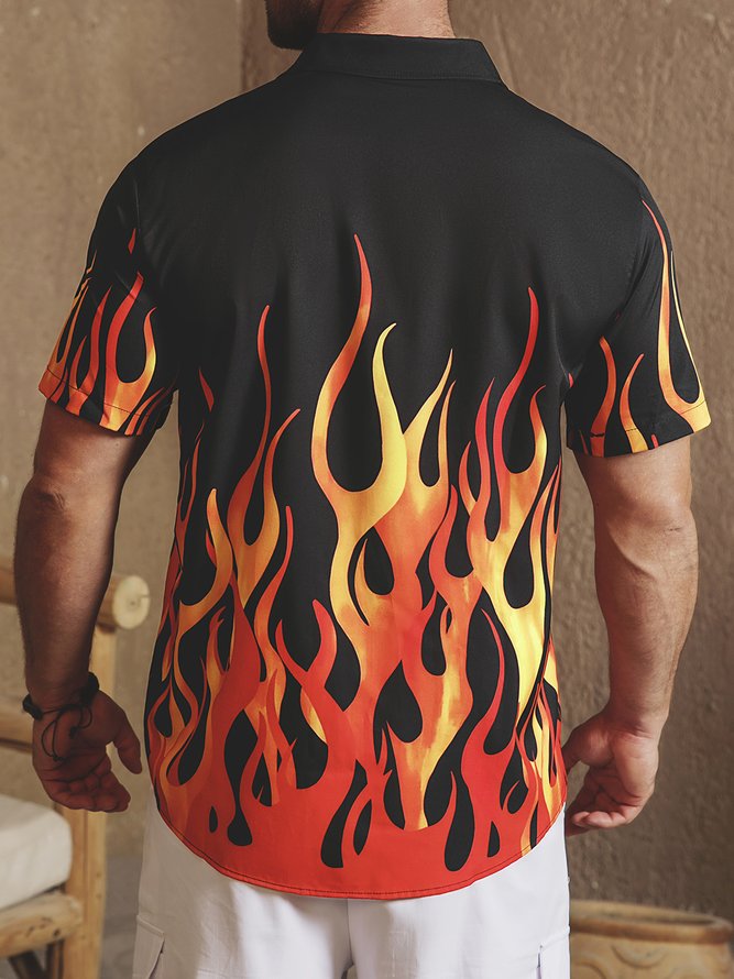 Flame Pattern Chest Pocket Short Sleeve Shirt