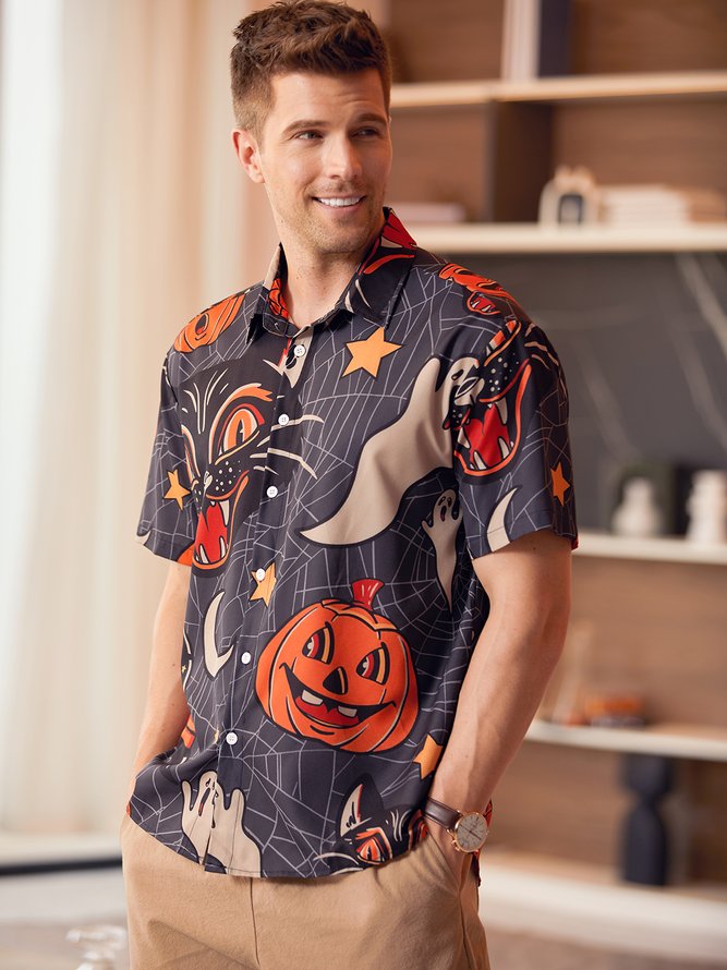 Men's Halloween Pumpkin Cat Print Casual Breathable Short Sleeve Shirt