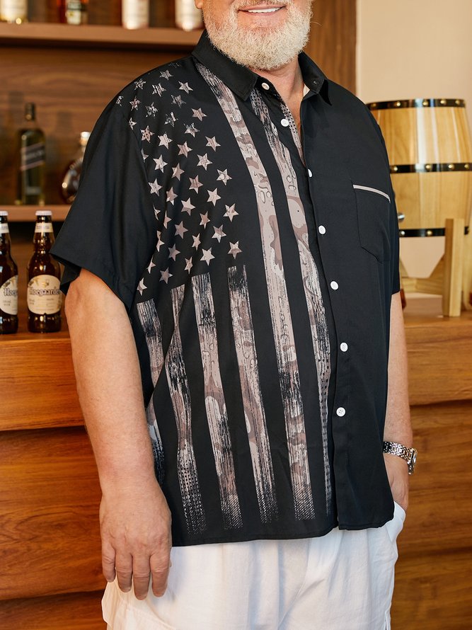 Big Size American Flag Chest Pocket Short Sleeve Casual Shirt