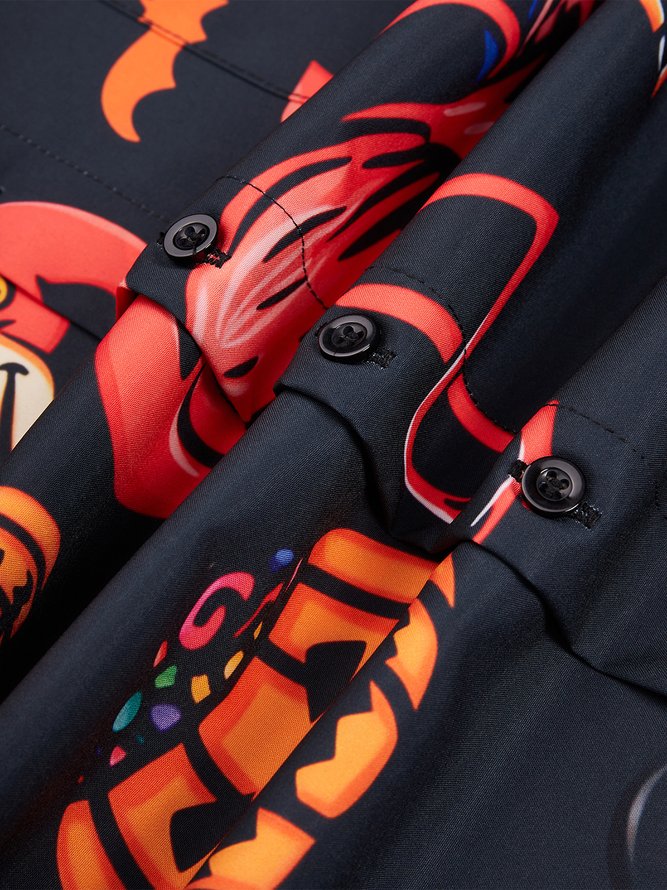 Halloween Flamingo Chest Pocket Short Sleeve Casual Shirt