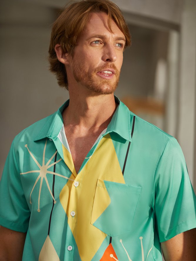 Men Printed Casual Summer Polyester Pockets Shirt Collar No Elasticity Regular H-Line Shirt
