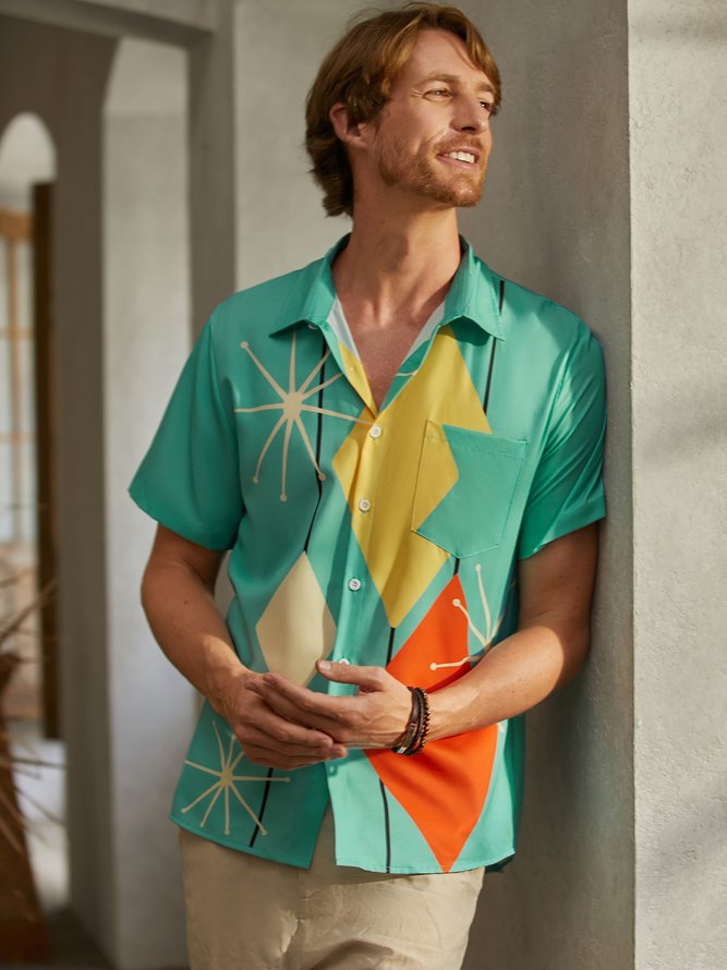 Men Printed Casual Summer Polyester Pockets Shirt Collar No Elasticity Regular H-Line Shirt
