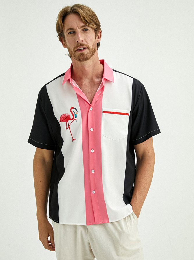 Flamingo Chest Pocket Short Sleeve Bowling Shirt
