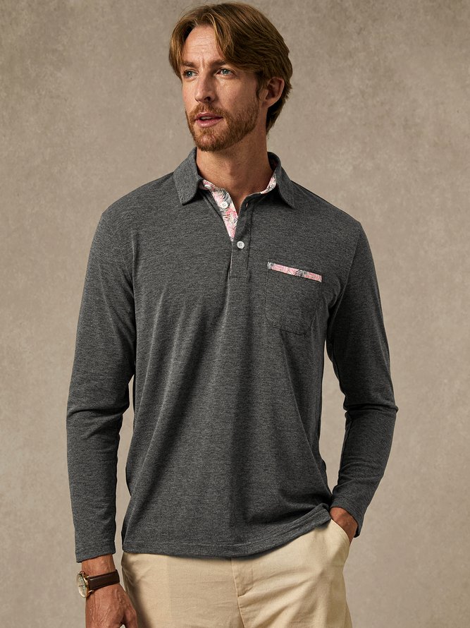 Tropical Plants Leaves Buttons Long Sleeve Vacation Polo Shirt