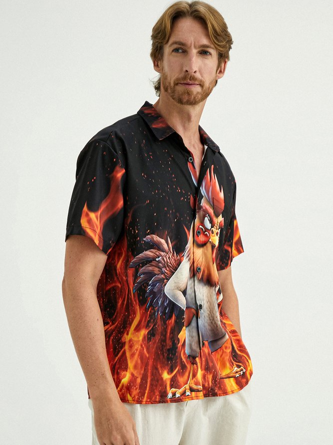 Angry Rooster Chest Pocket Short Sleeve Casual Shirt
