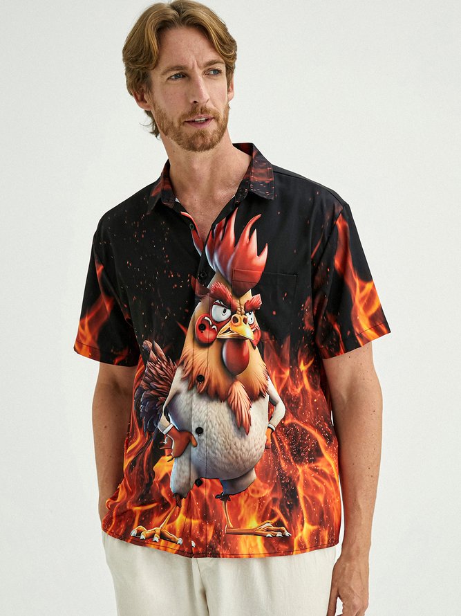 Angry Rooster Chest Pocket Short Sleeve Casual Shirt