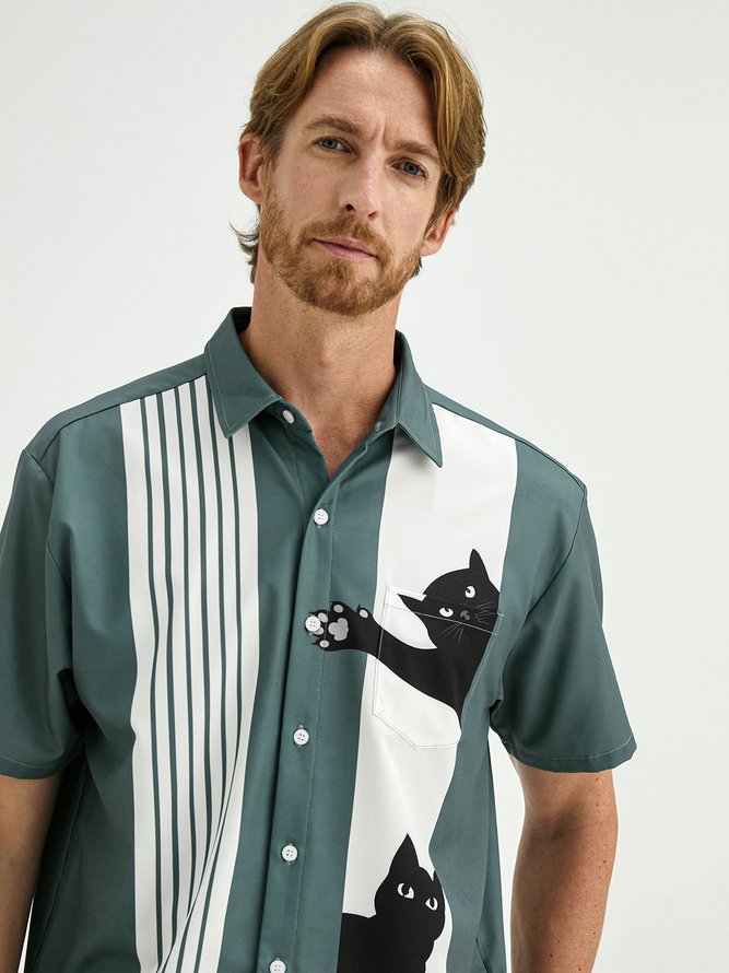 Cat Chest Pocket Short Sleeve Bowling Shirt