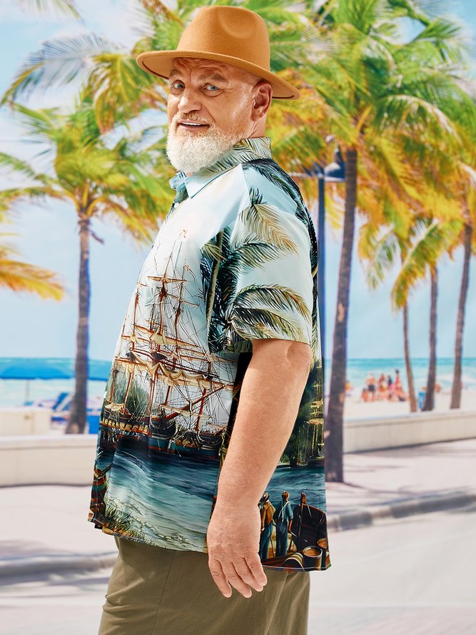Big Size  Coconut Tree Chest Pocket Short Sleeve Hawaiian Shirt