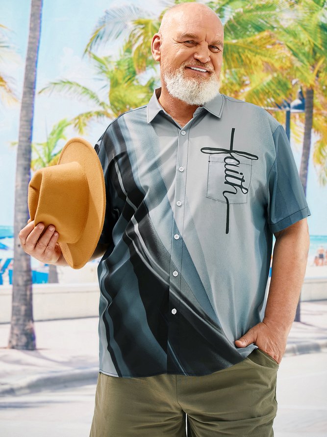Big Size Easter Cross Chest Pocket Short Sleeve Casual Shirt