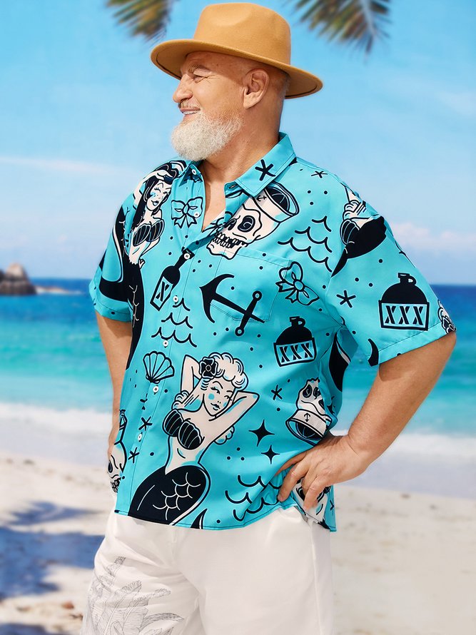 Big Size Mermaid Chest Pocket Short Sleeve Hawaiian Shirt