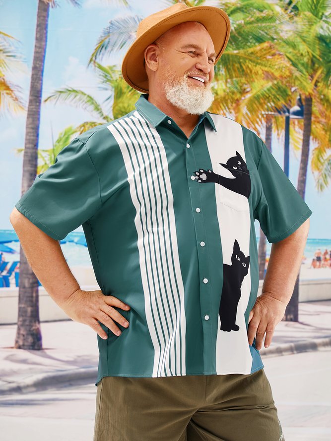 Big Size Cat Chest Pocket Short Sleeve Bowling Shirt