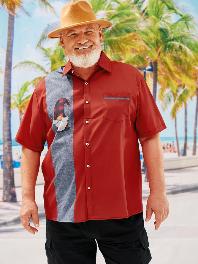 Big Size Christmas Gnome Chest Pocket Short Sleeve Bowling Shirt