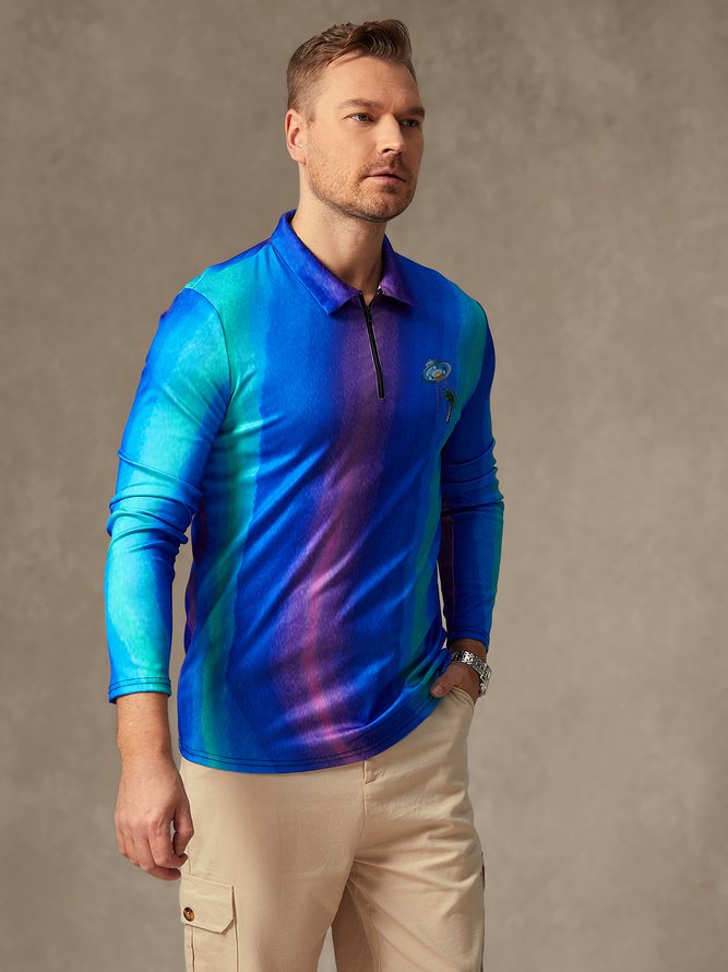 Geometry Spaceship Coconut Tree Zipper Long Sleeve Casual Polo Shirt